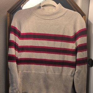 LOFT Cream and Pink Striped Turtleneck Sweater